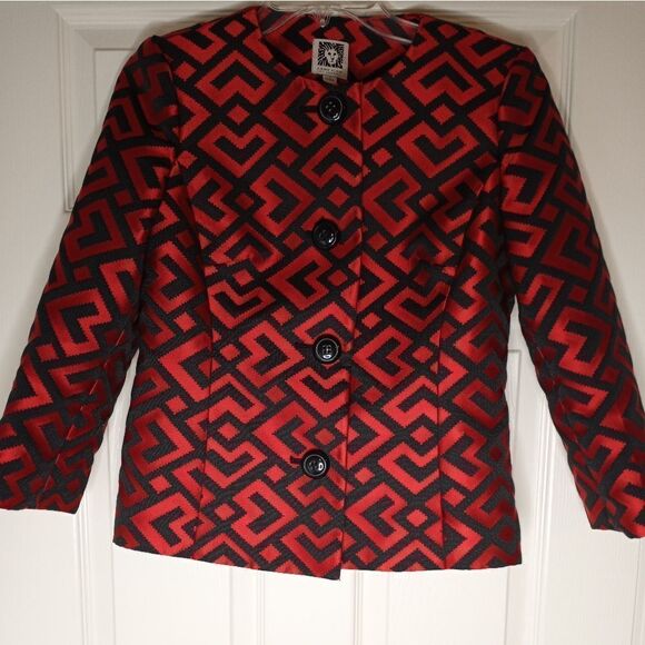 ANNE KLEIN 2 SUITSEPARATES 3/4SLEEVE REDBLACKPOCKETSLINEDGEOMETRICJACKET BLAZER. - Picture 1 of 11